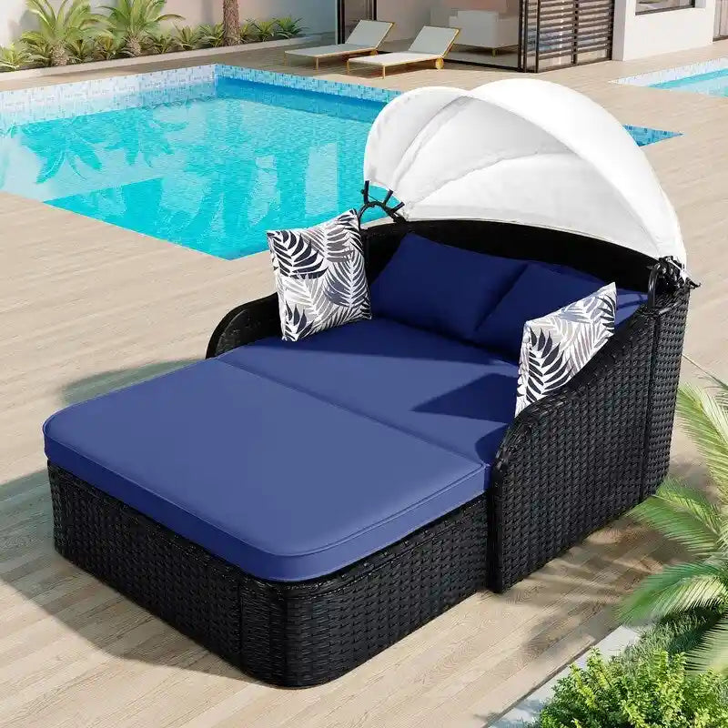 Outdoor PE Rattan Daybed Sunbed with Adjustable Canopy, Double lounge