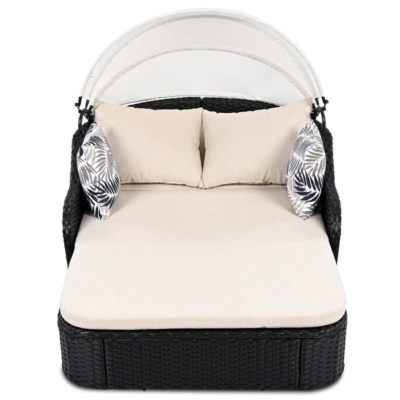 Bain de soleil d'extérieur en rotin PE avec auvent réglable, salon double