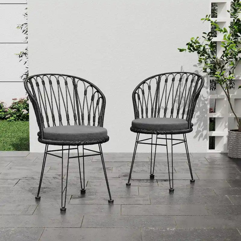 TAVON CHAIR 2PCS Set with Cushions Gray PE Rattan and Iron Outdoor Garden Furniture Boho Industrial Style