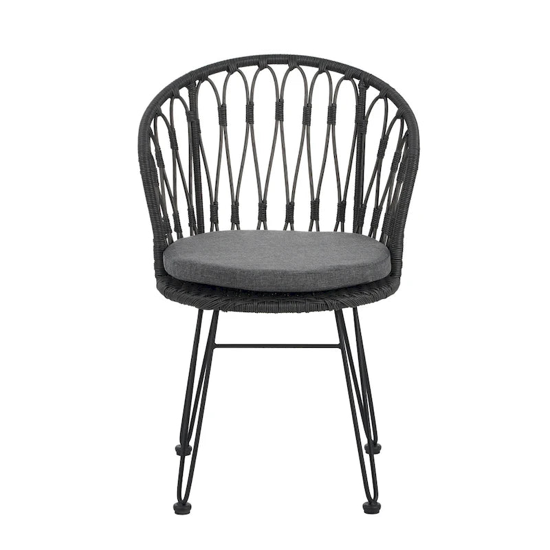 Ensemble de 2 chaises TAVON avec coussins, en rotin PE gris et fer, mobilier de jardin style bohème industriel
