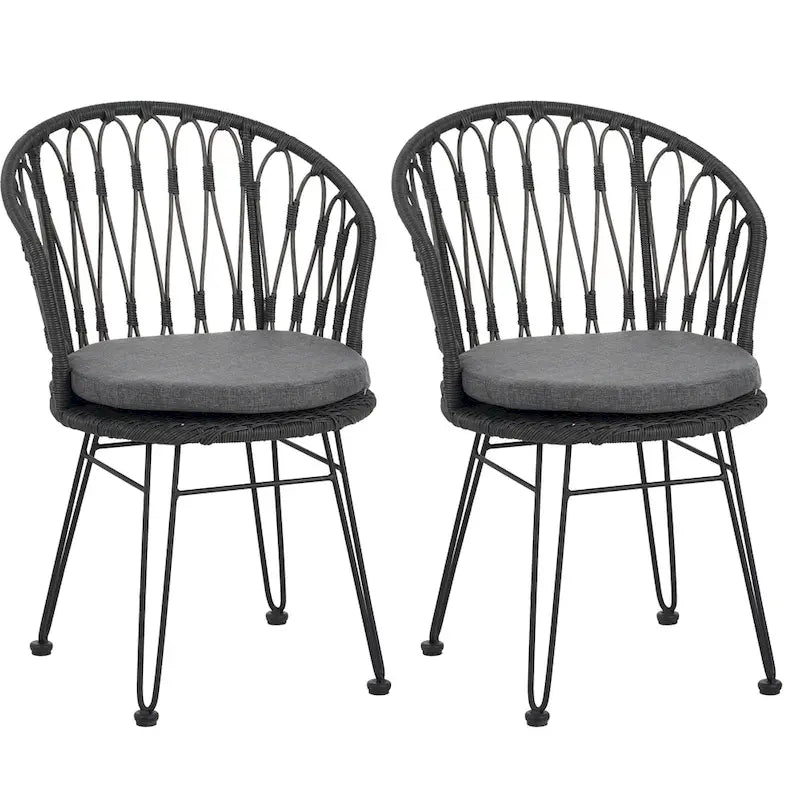 Ensemble de 2 chaises TAVON avec coussins, en rotin PE gris et fer, mobilier de jardin style bohème industriel