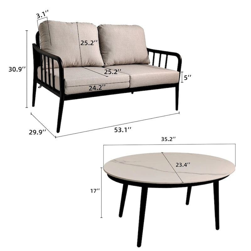Ensemble de canapés de conversation/discussion 2 pièces en aluminium pour patio extérieur