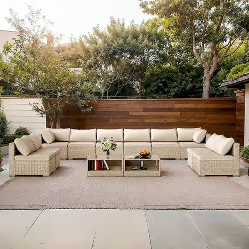 12 Piece Outdoor Furniture Set, Patio PE Wicker Rattan Sectional Sofa Set with Waterproof Cushions and 2 Coffee Table