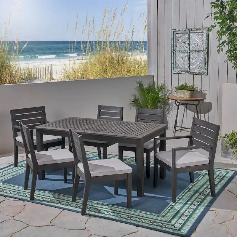 Outdoor Acacia Wood Furniture Sets, 7 Piece Expandable Dining Set with Waterproof Cushion and Rectangular Table