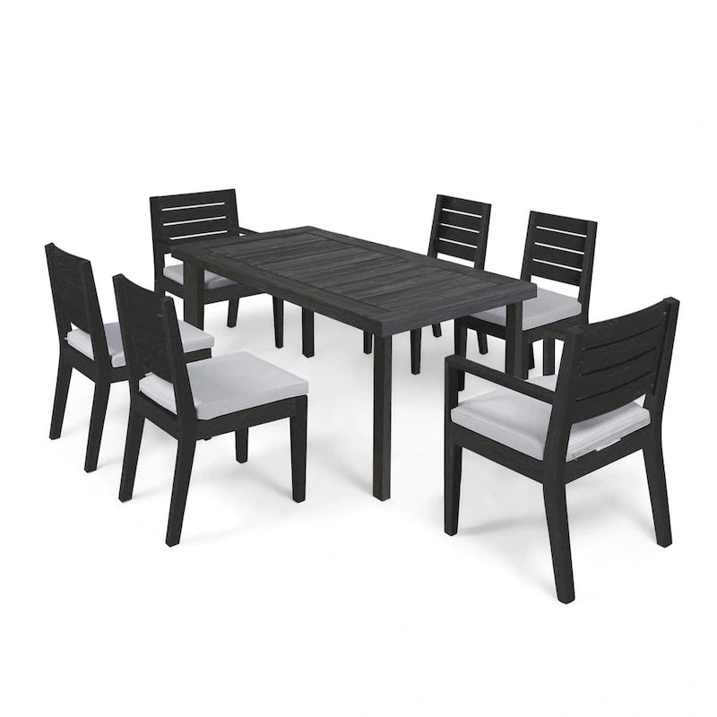 Ensemble de mobilier de jardin en bois d'acacia, ensemble de salle à manger extensible 7 pièces avec coussin imperméable et table rectangulaire