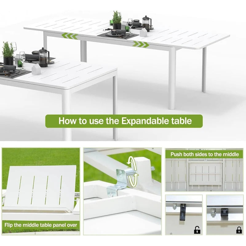 Table extensible de salle à manger pour patio, table d'extérieur rectangulaire en métal et aluminium pour 6 à 8 personnes, idéale pour véranda, pelouse, jardin ou bistro.