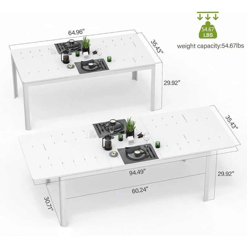 Table extensible de salle à manger pour patio, table d'extérieur rectangulaire en métal et aluminium pour 6 à 8 personnes, idéale pour véranda, pelouse, jardin ou bistro.