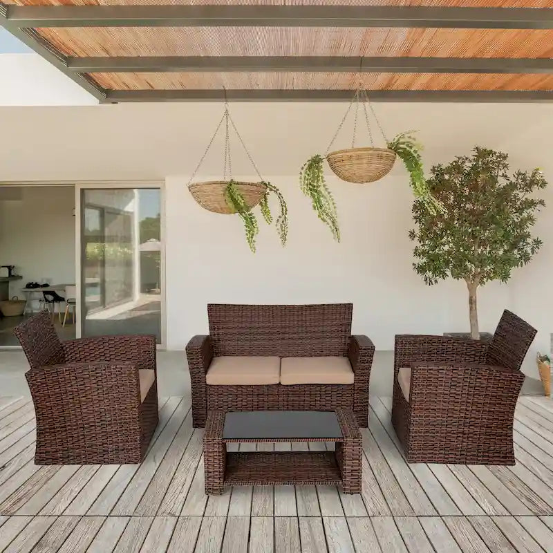 Ensemble de conversation de patio Grandview Outdoor 4 pièces marron avec coussins