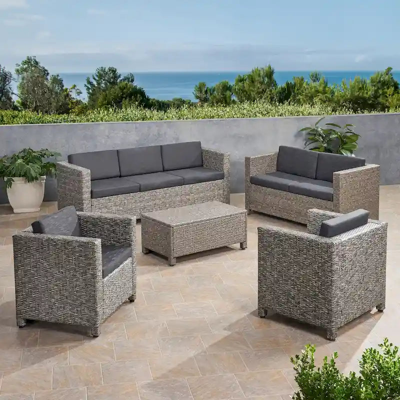 Ensemble de conversation Puerta Outdoor 7 places en résine tressée avec coussins, par Christopher Knight Home