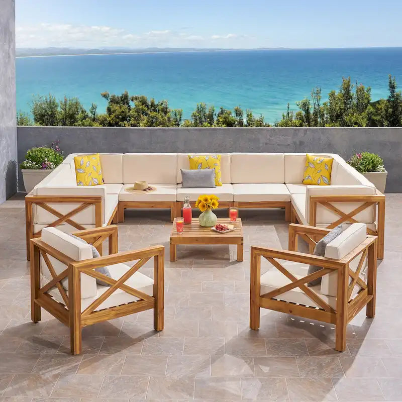 Brava Outdoor 11 Seater Acacia Wood Sectional Sofa and Club Chair Set by Christopher Knight Home