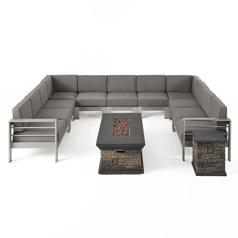 Cape Coral Outdoor 11 Seater Aluminum U-Shaped Sofa Sectional and Fire Pit Set by Christopher Knight Home