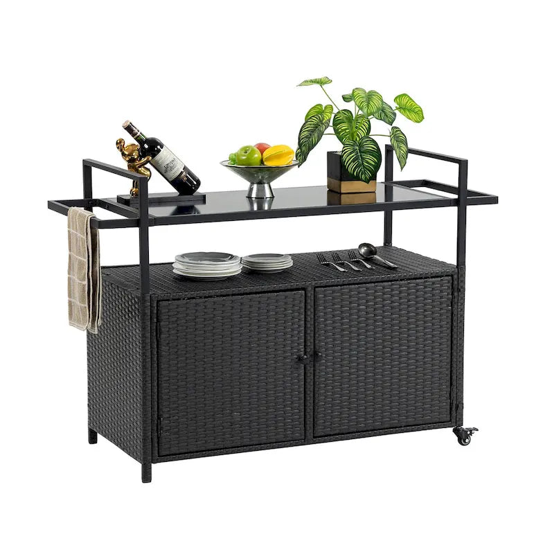 Chariot de bar d'extérieur portable en osier avec roulettes et armoire de rangement