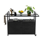 Chariot de bar d'extérieur portable en osier avec roulettes et armoire de rangement