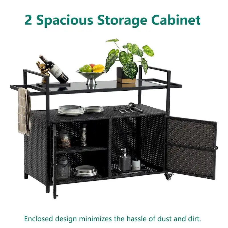 Chariot de bar d'extérieur portable en osier avec roulettes et armoire de rangement