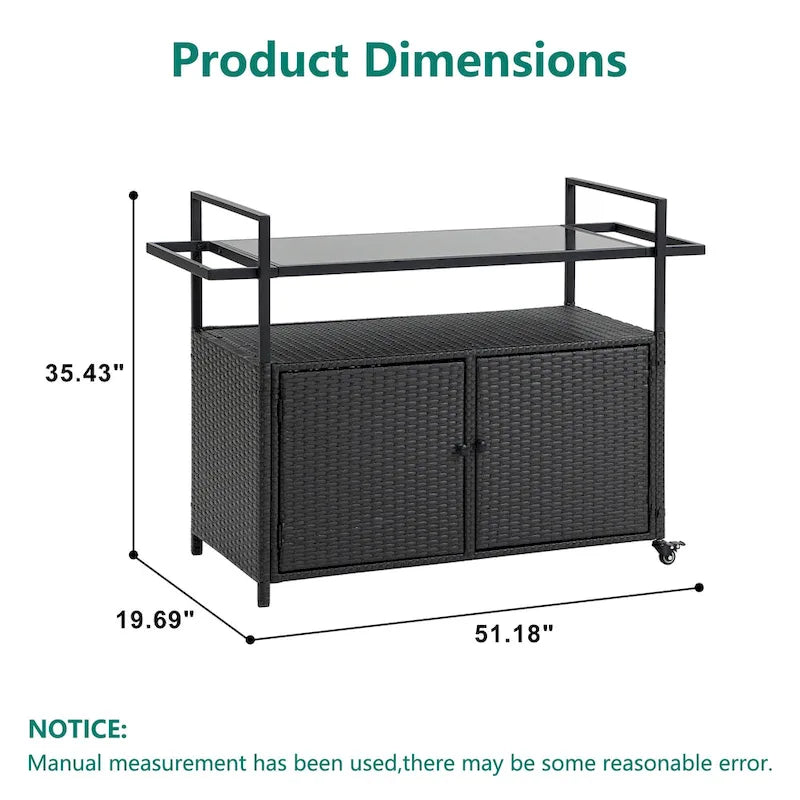 Chariot de bar d'extérieur portable en osier avec roulettes et armoire de rangement