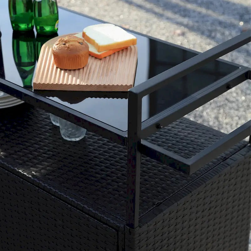 Chariot de bar d'extérieur portable en osier avec roulettes et armoire de rangement