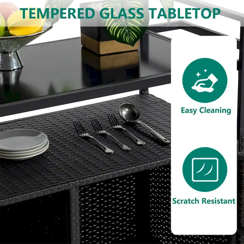 Chariot de bar d'extérieur portable en osier avec roulettes et armoire de rangement