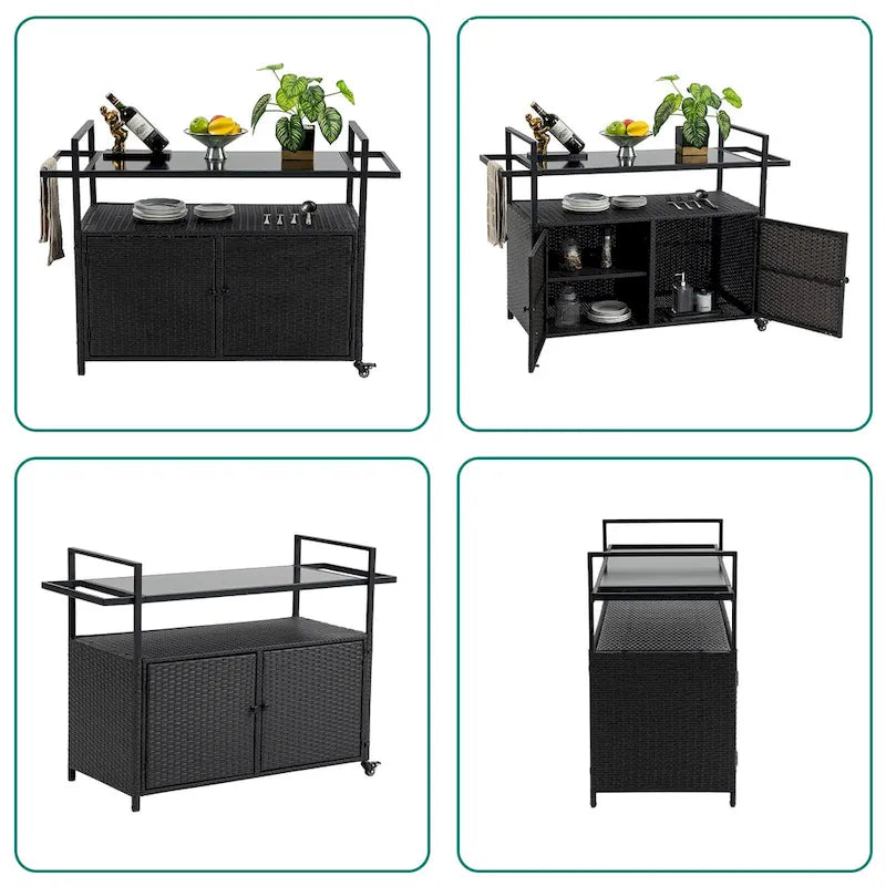 Chariot de bar d'extérieur portable en osier avec roulettes et armoire de rangement