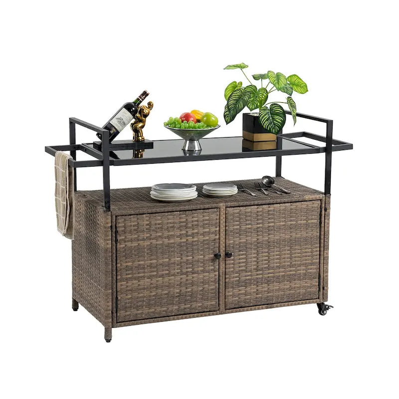 Chariot de bar d'extérieur portable en osier avec roulettes et armoire de rangement