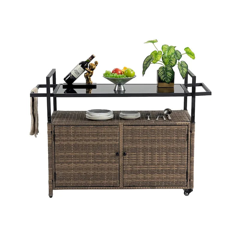 Chariot de bar d'extérieur portable en osier avec roulettes et armoire de rangement