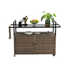 Chariot de bar d'extérieur portable en osier avec roulettes et armoire de rangement