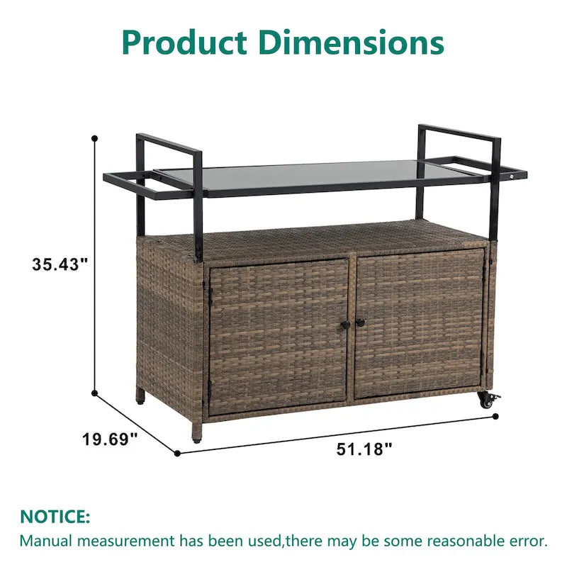 Chariot de bar d'extérieur portable en osier avec roulettes et armoire de rangement
