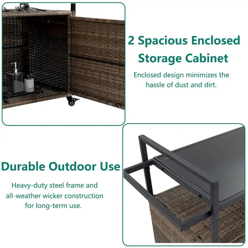 Chariot de bar d'extérieur portable en osier avec roulettes et armoire de rangement