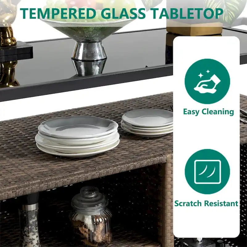 Chariot de bar d'extérieur portable en osier avec roulettes et armoire de rangement