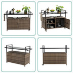 Chariot de bar d'extérieur portable en osier avec roulettes et armoire de rangement