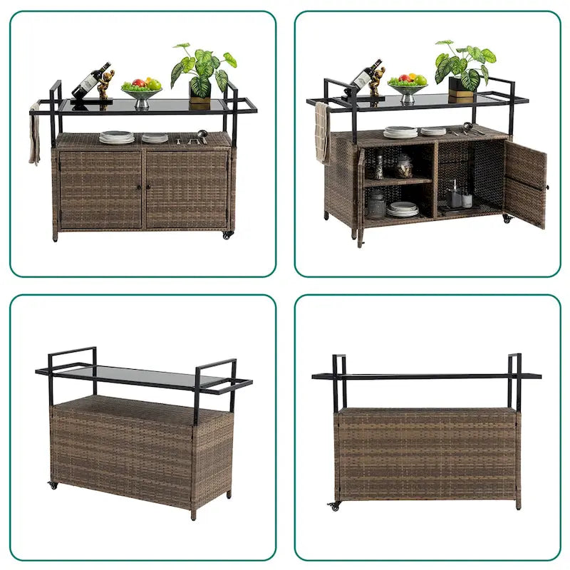 Chariot de bar d'extérieur portable en osier avec roulettes et armoire de rangement