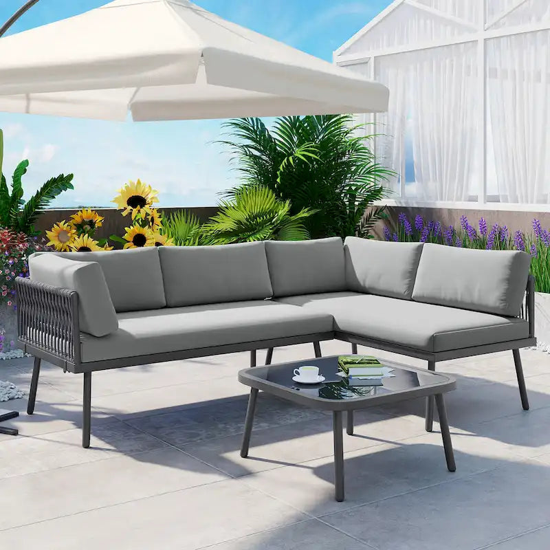 Modern Outdoor 3-Piece PE Rattan Sectional Sofa Set with Cushions and Glass Table