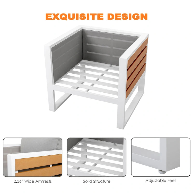 Fauteuil d'extérieur avec coussin et oreiller, entièrement en aluminium, imitation bois