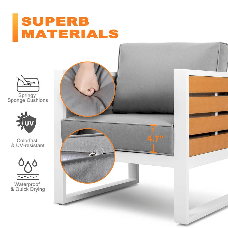 Fauteuil d'extérieur avec coussin et oreiller, entièrement en aluminium, imitation bois