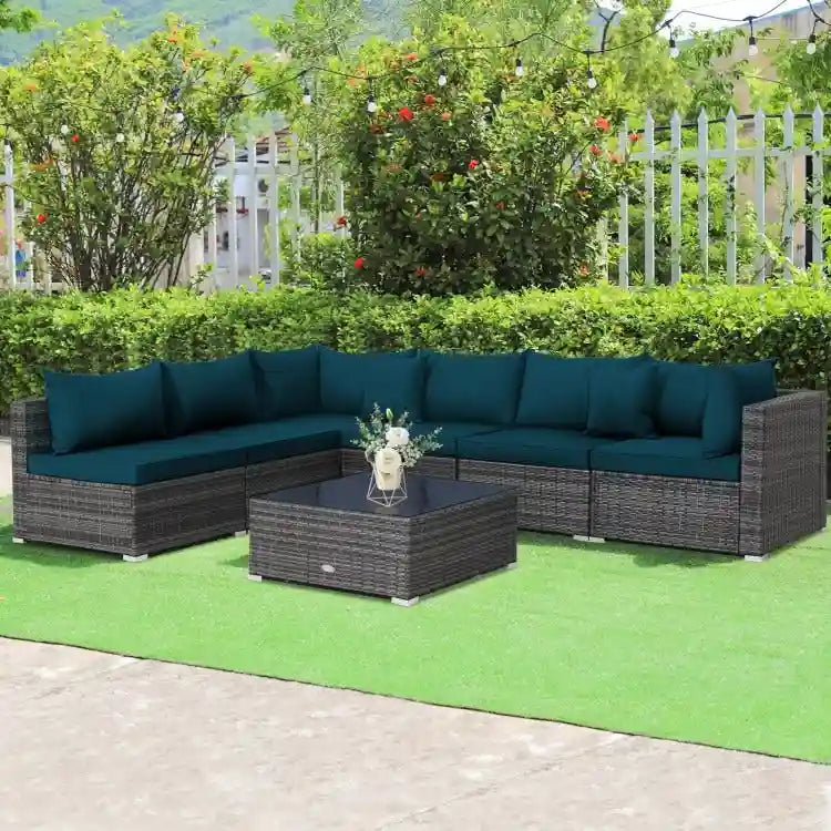 Ensemble de mobilier de jardin en rotin, canapé d'angle et coussins inclus - 7 pièces - Canapé sans accoudoirs : 74 x 65 x 61 cm