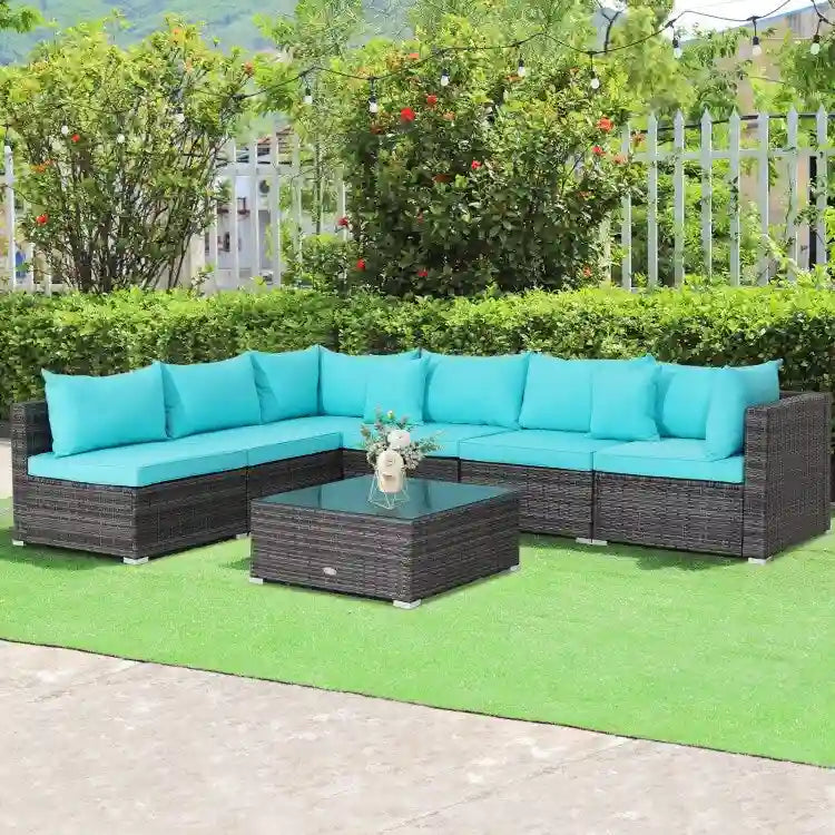 Ensemble de mobilier de jardin en rotin, canapé d'angle et coussins inclus - 7 pièces - Canapé sans accoudoirs : 74 x 65 x 61 cm