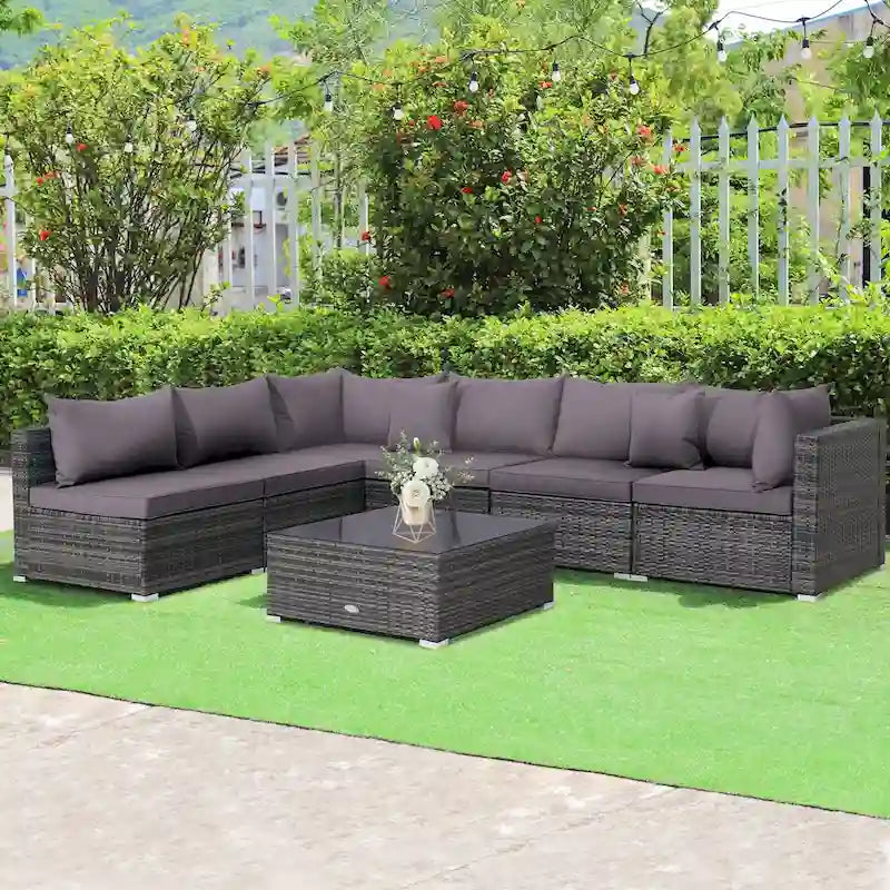 Ensemble de mobilier de jardin en rotin, canapé d'angle et coussins inclus - 7 pièces - Canapé sans accoudoirs : 74 x 65 x 61 cm