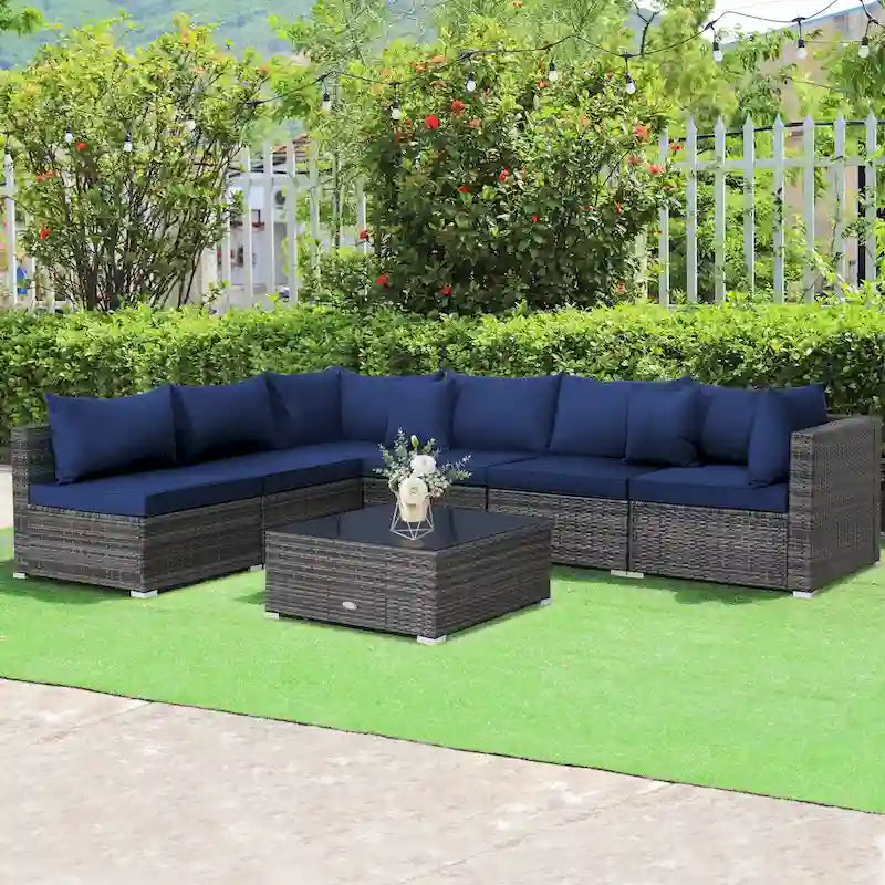 Ensemble de mobilier de jardin en rotin, canapé d'angle et coussins inclus - 7 pièces - Canapé sans accoudoirs : 74 x 65 x 61 cm