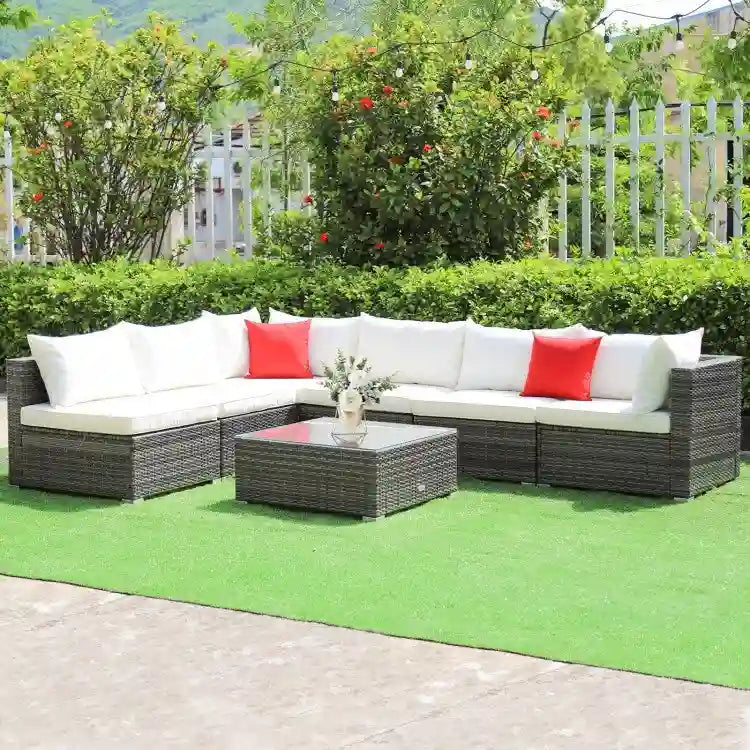 Ensemble de mobilier de jardin en rotin, canapé d'angle et coussins inclus - 7 pièces - Canapé sans accoudoirs : 74 x 65 x 61 cm