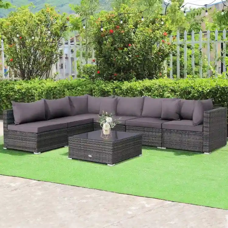 Ensemble de mobilier de jardin en rotin, canapé d'angle et coussins inclus - 7 pièces - Canapé sans accoudoirs : 74 x 65 x 61 cm
