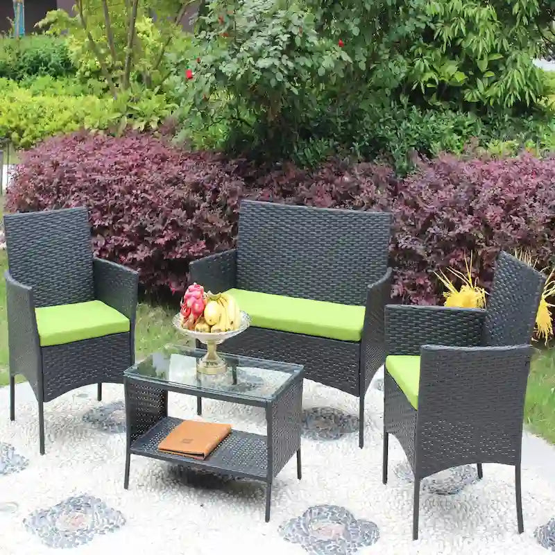 Ensemble de mobilier de patio en rotin 4 pièces, canapé d'extérieur en osier avec coussins (coussin vert)