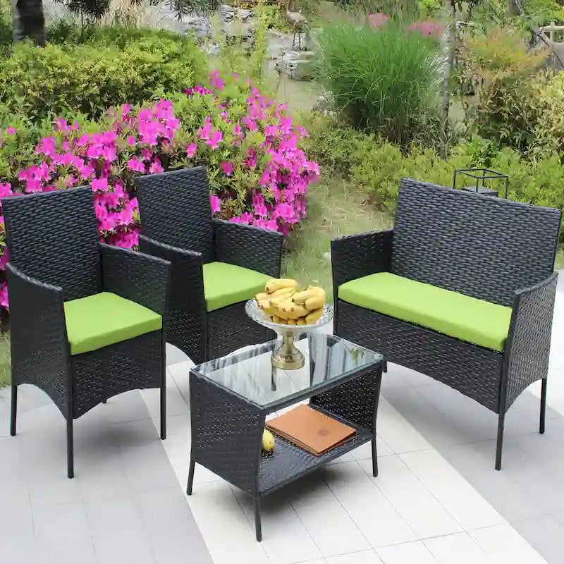 Ensemble de mobilier de patio en rotin 4 pièces, canapé d'extérieur en osier avec coussins (coussin vert)