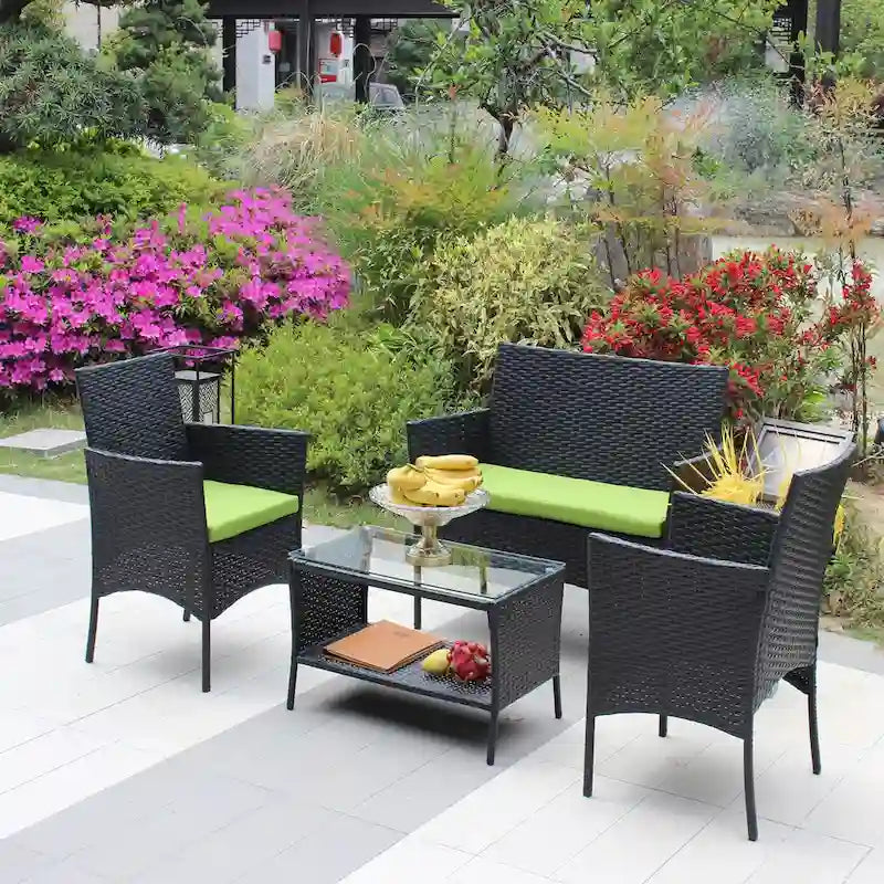 Ensemble de mobilier de patio en rotin 4 pièces, canapé d'extérieur en osier avec coussins (coussin vert)