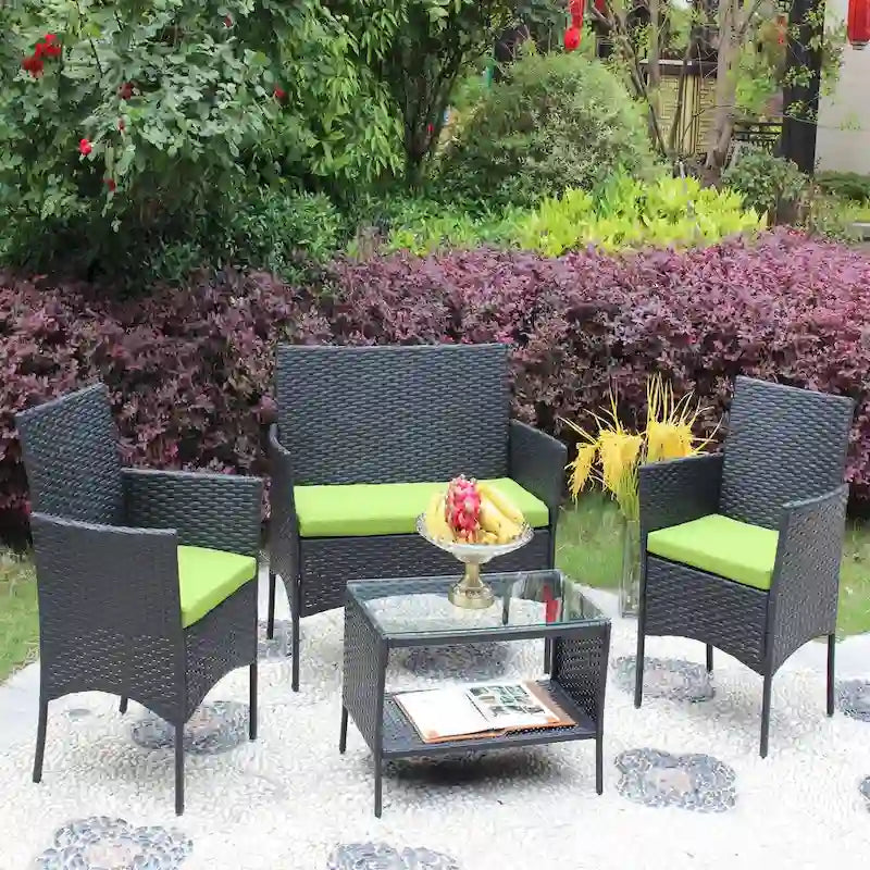 Ensemble de mobilier de patio en rotin 4 pièces, canapé d'extérieur en osier avec coussins (coussin vert)
