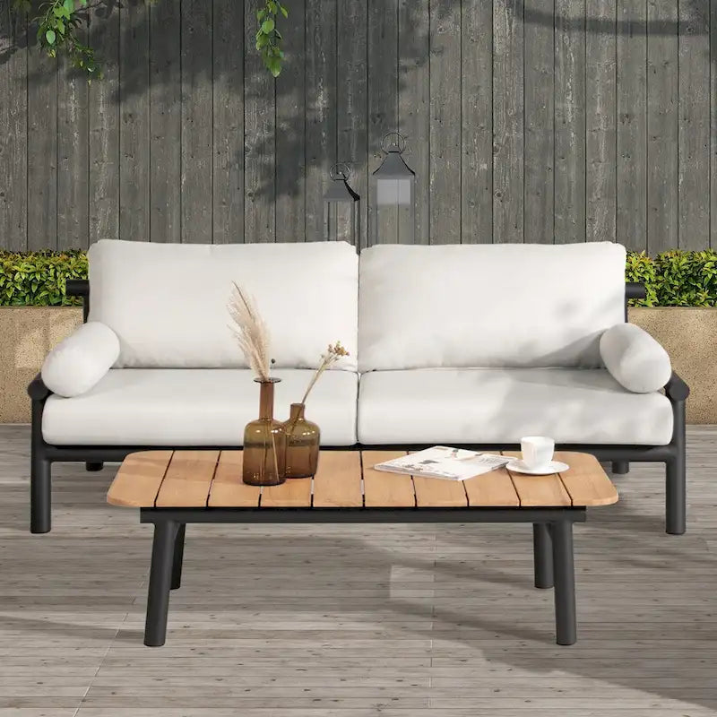 Canapé deux places de patio Zara 73,5 en aluminium noir avec coussins et assise profonde