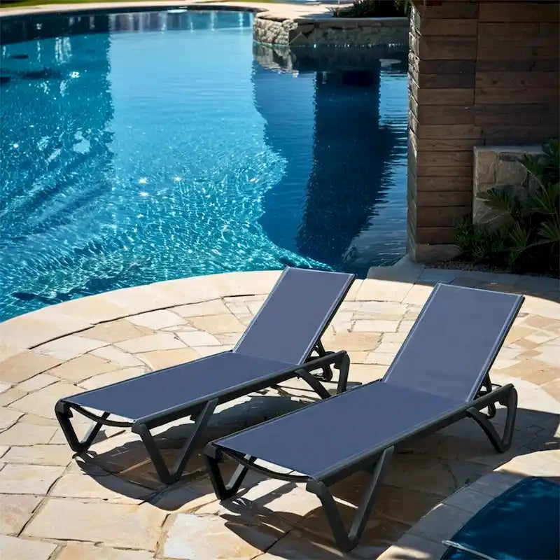 Patio Chaise Lounge with Adjustable Backrest and Wheels (Set of 2) - N/A