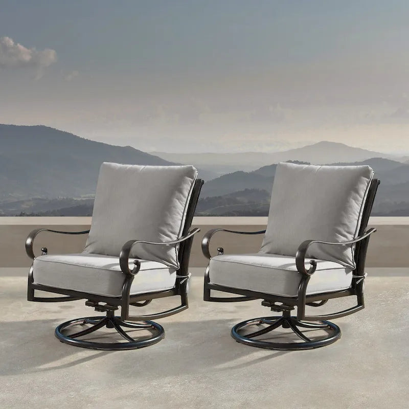 Fauteuils club pivotants à bascule d'extérieur en aluminium, assise profonde, finition cuivre antique, avec coussins épais en polyester gris (lot de 2)