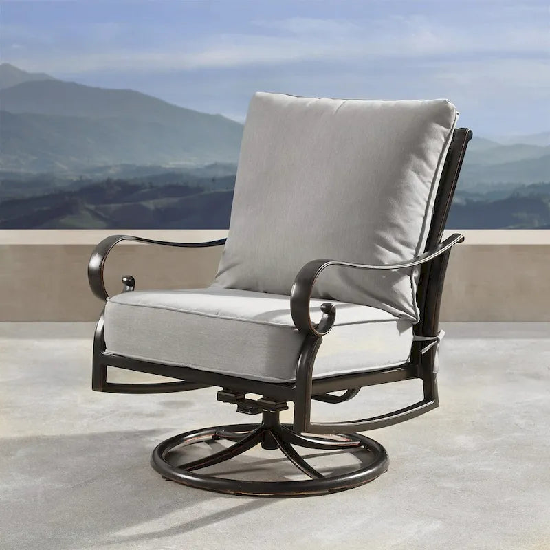 Fauteuils club pivotants à bascule d'extérieur en aluminium, assise profonde, finition cuivre antique, avec coussins épais en polyester gris (lot de 2)