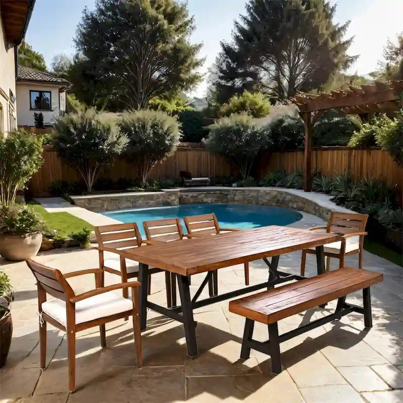 7 Pieces Outdoor Wood Dining Set with Removable Cushion &Thicker Table