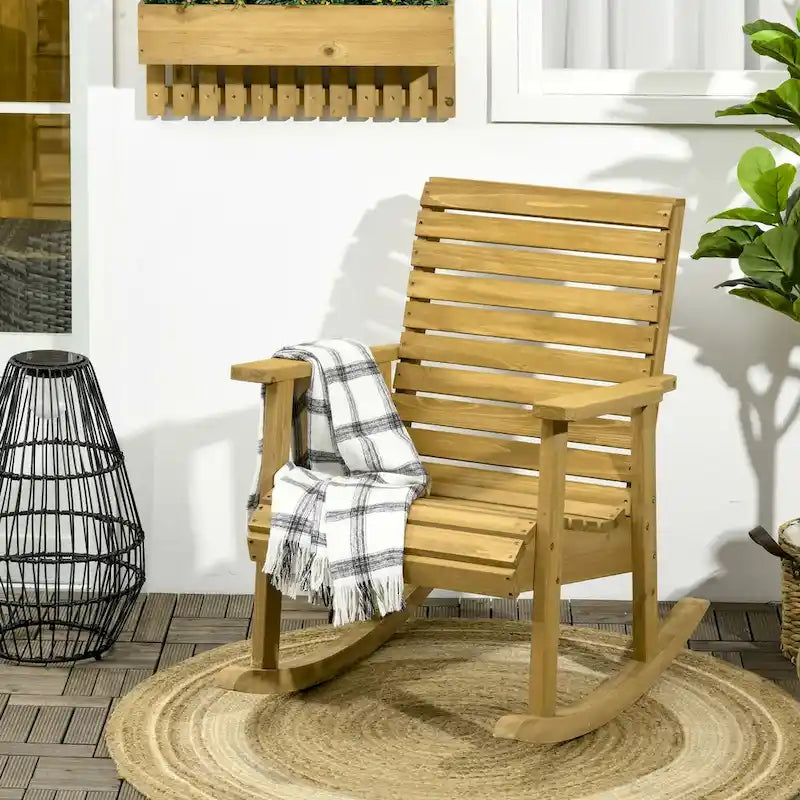 Outdoor Traditional Slatted Wood Rocking Chair with Armrests and High Backrest