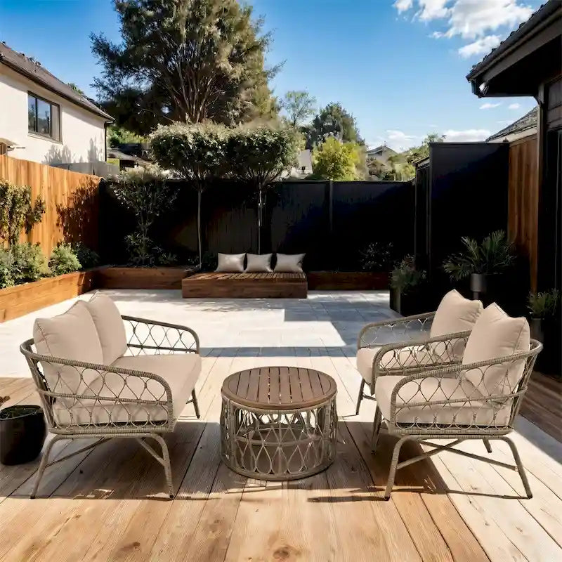 4 Pieces Outdoor Sofa Set with Removable Cushions and Wood Tabletop